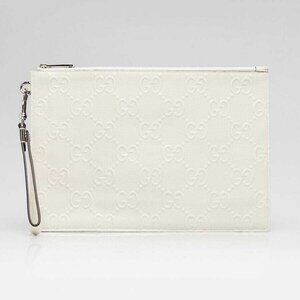 Gucci White Perforated Embossed GG Leather Wristlet Clutch Bag